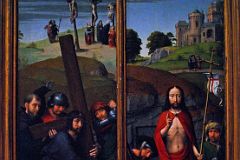 20 Christ Carrying the Cross, with the Crucifixion- The Resurrection, with the Pilgrims of Emmaus - Gerard David 1510 - Robert Lehman Metropolitan Museum Of Art